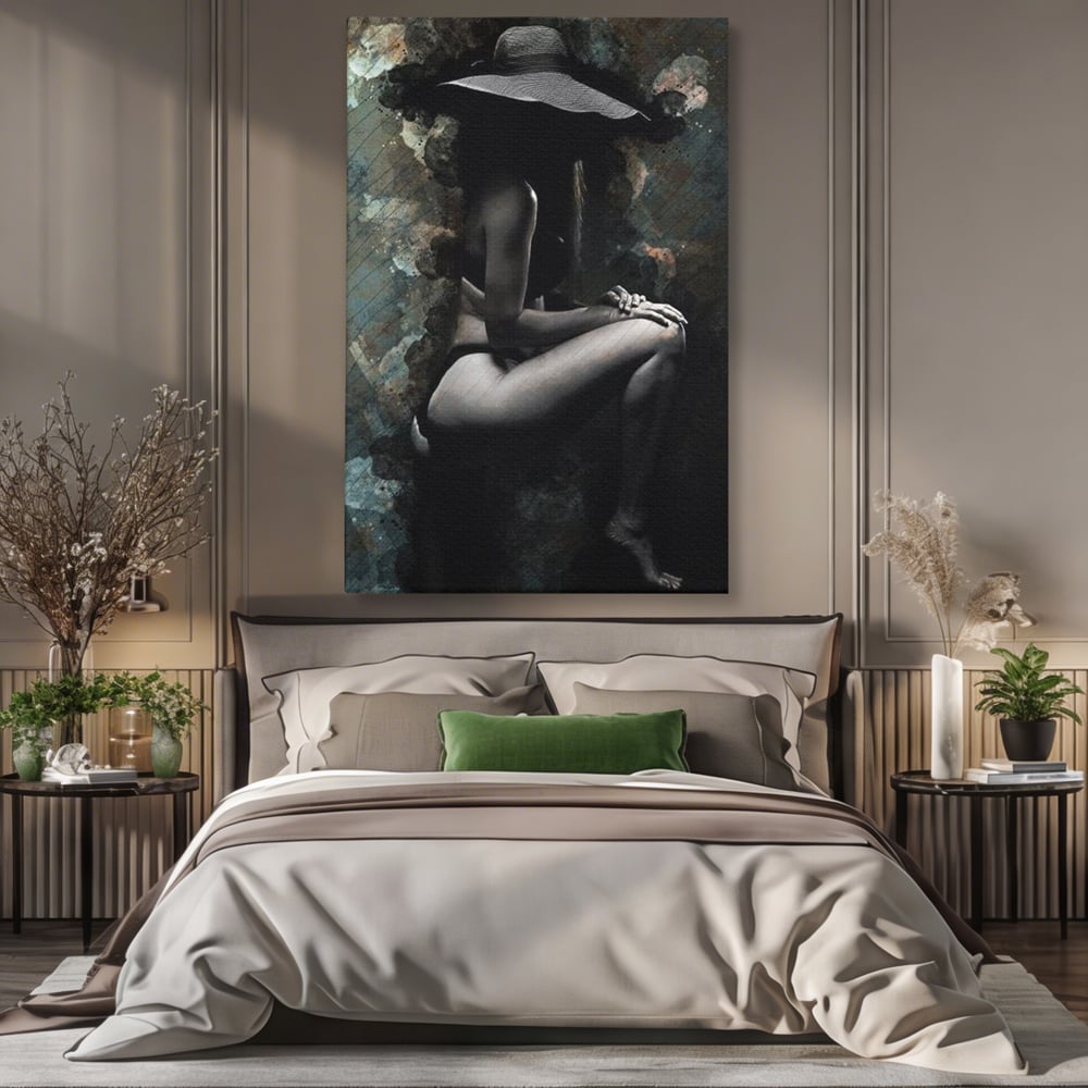 Tablou canvas cu tablou canvas cu silueta feminina, fara rama, pe sasiu de lemn, pe perete intr-un dormitor